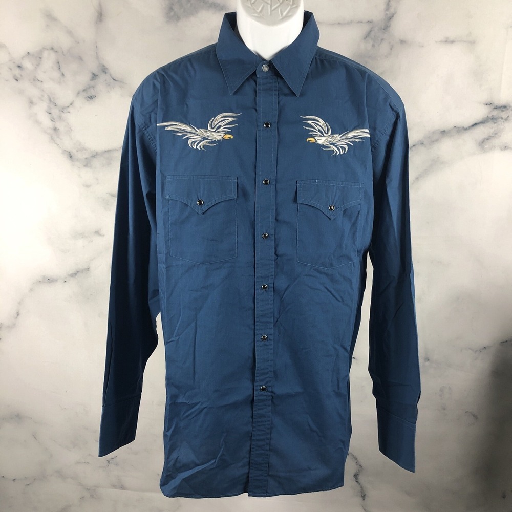 High Noon Western Pearl Snap Shirt Mens Size L Button Up Blue Embroidery Eagles